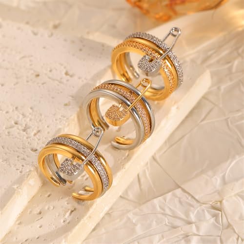 Layered CZ Safety Pin Stackable Open Rings for Women Fashion Gold Silver Plated Two Tone Cubic Zirconia Paved Engagement Promise Statement Band Finger Rings Unique Design Fashion Jewelry Size 74