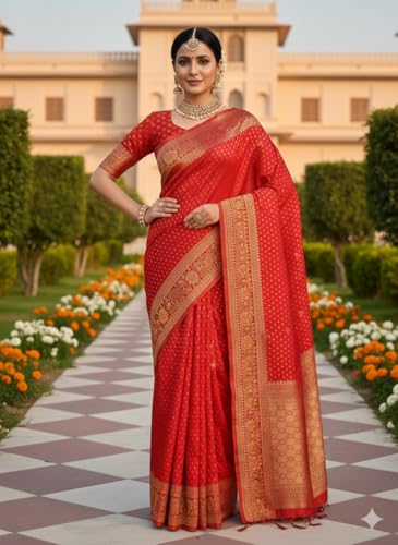 Image of Kanjivaram Silk Saree for Women - Handloom Floral Weaving, Contrast Border, Heavy Gold Zari Rich Pallu, Traditional Designer Wedding & Festive Saree with Blouse Piece