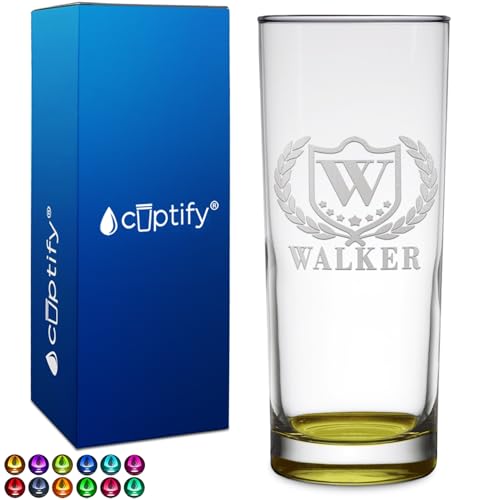 Personalized Highball 10.5 oz with Yellow Bottom, Custom Tall Collins Glass, Straight up Mixed Drink Cocktail - Initial with Name Gift
