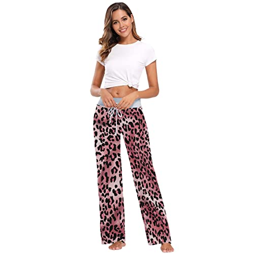 Women Long Pajama Pants Bottoms Drawstring Pj Wide Leg Casual Pink Leopard Print Cheetah #TOP5