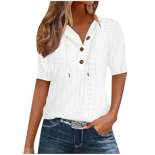 Women's Casual Summer Eyelet Shirts Short Sleeve Drawstring Hoodies Tops Button Front V Neck Pullover T-Shirts Tops White