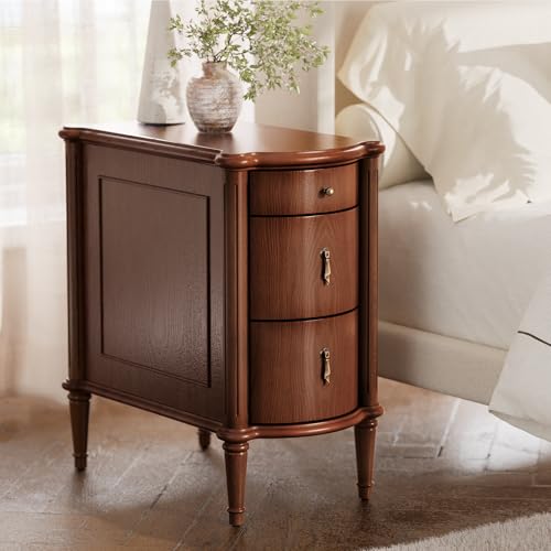 STOSENSE Nightstand w/Charging Station & 3 Drawers Pre-Assembled Vintage Side Table w/Antique-Finished Pulls Rustic Wood Finish Narrow End Table w/Turned Legs for Bedroom (1 Brown)