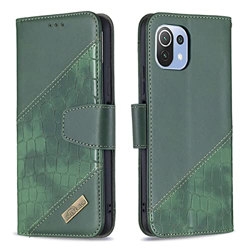 MOONCASE Wallet Case for Xiaomi Mi 11 Lite, Crocodile Skin Pattern Luxury PU Leather Magnetic Clasp Flip Cover with Card Holder and Stand Shockproof Case for Xiaomi Mi 11 Lite 6.55" (Green)