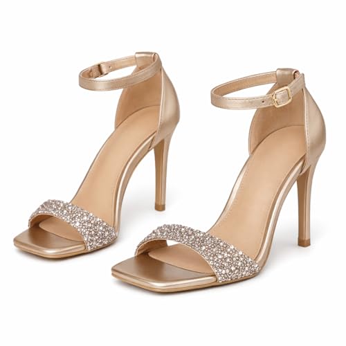 Womens Gold Rhinestone High Heel Sandals Open Toe Stiletto Heels with Ankle Strap Buckle Glitter Crystal Evening Shoes for Wedding Party Bridal Prom Eid Formal Dress Heels UAE EU 36.5
