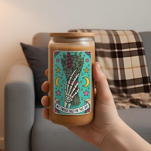 Image of AFRITEE Funny Skull Glass Cups - Not Enough Sage for This Shit Gothic Skeleton 16 oz Glass Cups with Lids and Straws, Iced Coffee Tumbler Witchcraft Gifts for Female Tarot Lovers