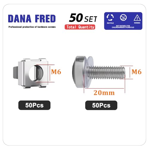 Cage Nut and Mounting Screw Bolts Washers Metric Square Hole Hardware for Rack Mount Server Shelves Cabinets Assortment Kit M6X20mm,50Set