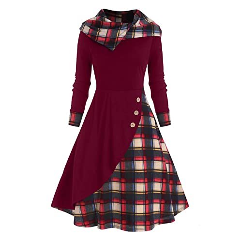 Image of Womens Vintage Gothic Steampunk Dress Casual Plaid Patchwork Button Hooded Dress Retro Rockabilly Punk Hippie Dresses