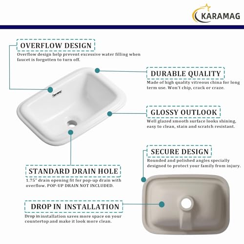 KARAMAG Bathroom Vessel Sink 18 Inch Drop In Bathroom Sink Rectangular Semi Recessed Bathroom Sinks with Overflow White Ceramic Modern Sinks Bowl Vanity Above Counter Basin (17.9\"x12.4\")