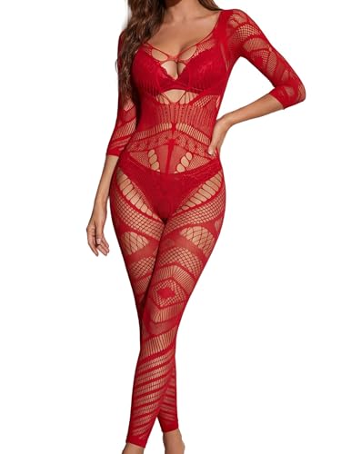 Eagerlove Netz Bodystocking Women Fishnet Mesh Bodysuit Jumpsuit Rot