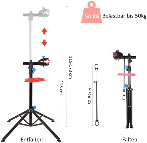 Bike Repair Mount, Bicycle Workshop Stand with Tool Holder, Clamp and Handlebar Mount, Adjustable Height: 1.1-1.7 m, 360° Rotation, For All Types of Bikes Max 50 kg