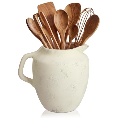 Potchen Rustic Kitchen Utensil Holder with Handle,7.48" H Ceramic Vintage