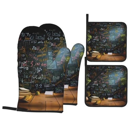 Math Formula Kitchen Oven Gloves and Hotpads Sets of 4, Heat Resistant Oven Mitts and Pot Holders for Baking/Cooking/BBQ
