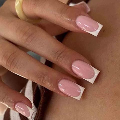 Enppode French Tip Press on Nails Pink Fake Nails Medium Long Square Acrylic False Nails Artificial Glossy Nails for Women and Girls 24 PC/Set Cover