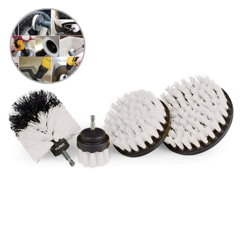 Image of TUQO SB20W, Drill Brush Attachment Set - Power Scrubber Brush Cleaning Kit - Upholstery,Wheels,Carpet, Glass & Leather | Soft Bristles | Hex Shank Fits Most Drills | White