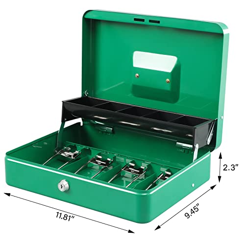 Image of KYODOLED Locking Cash Box with Lock,Money Box with Cash Tray,Lock Safe Box with Key,Money Saving Organizer,11.81Lx 9.45Wx 3.54H Inches,Green XL Large
