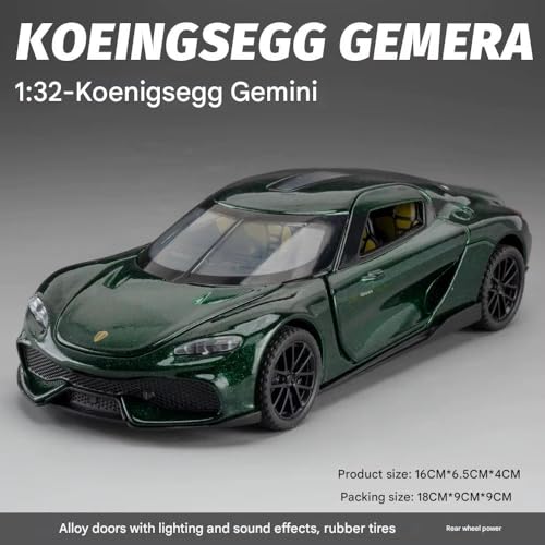Image of FEXXA 1:32 Scale Koenigsegg Gemera Die-Cast Metal Car with Sport car Openable Doors Light and Sound,Pull Back Function Indoor Outdoor Toy for Kids (Green)