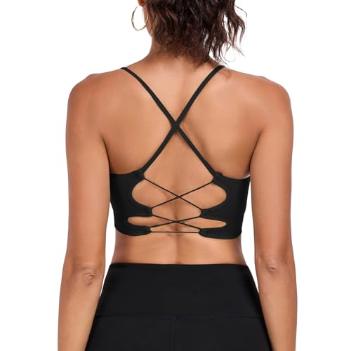 ANGOOL Sport BH Damen ohne Bügel Crossback Spaghettiträger Bustier Damen Abnehmbare Gepolstert Seamless Rückenkreuz Sport Top Yoga Radfahren Gym, Schwarz, L