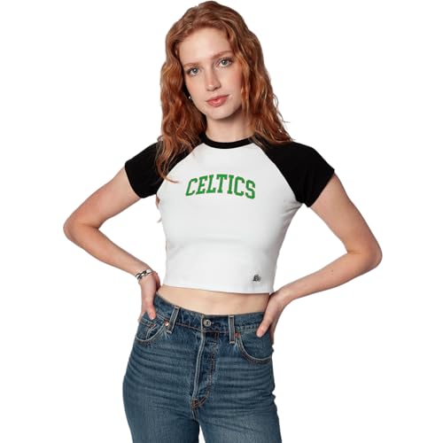 Hype & Vice Women's NBA Homerun Graphic Fitted Raglan Crop Tee Shirt, L | Boston Celtics Homerun Fitted Baby Tee, Tailgate & Game Day Graphic Shirt, Sporty Streetwear Apparel, NBA Fan Gift Idea
