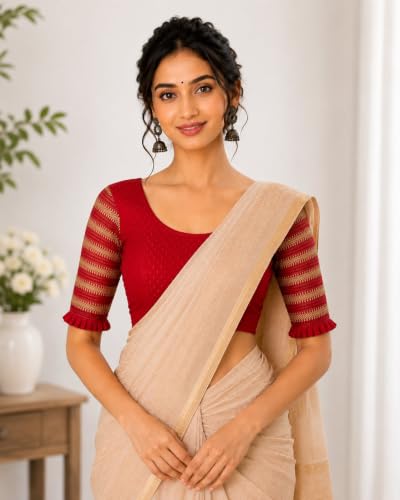 Image of SFT Round Neck Cotton Lycra Stretchable Laced Elbow Sleeves Readymade Saree Blouse for Women Stylish (Shibani