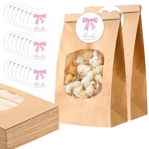 Image of 24 PCS Small Paper Popcorn Bags with Pink Bow Stickers, Thanks for Popping by Tags Popcorn Bags with Clear Window, Baby Shower Treat Bag for Packaging Bakery Candy Cookie