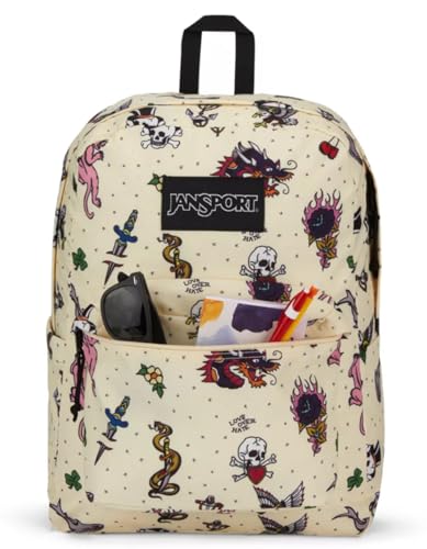 Image of JanSport SuperBreak Plus Backpack with Padded 15-inch Laptop Sleeve and Integrated Bottle Pocket - Spacious and Durable Daypack for Work and Travel - Traditional Tats