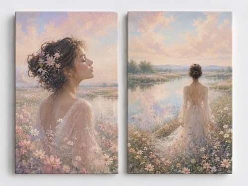 ICE ARMOR Large Set of 2 Pastel Floral Woman Wall Art Canvas Prints,Romantic Meadow Lake Artwork for Bedroom Living Room Feminine Decor 16x24 Inch Frameless Canvas Print - Ready to hang