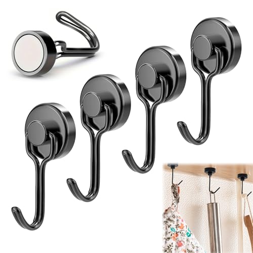 QEEROYO 4 Piezas Gancho Magnético Extra Fuerte, Imanes Neodimio Gancho, Gancho Nevera, Neodimio con Gancho Giratorio Sin Perforación, para Refrigerador de Cocina, Techo, Parrilla,Oficina (Negro)