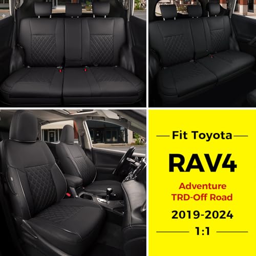 Image of GIANT PANDA Pu Leather Car Seat Covers Full Set Custom Fit for Toyota RAV4 2019 2020 2021 2022 2023 2024 Adventure,TRD-Off Road,Black