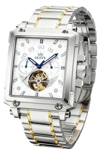 Image of OLEVS Watches for Men Quartz Chronograph Leather Fashion Dress Watch Date Waterproof Luminous Casual Square Business Wrist Watches White&Gold
