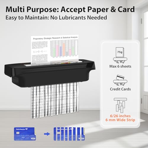Image of VidaTeco 6-Sheet Strip Cut Mini Paper Shredder for Home Use, Portable Small Document Shredder Without Basket, Shreds Staples, CD, Credit Card, Auto-Off, Anti-Jam, Overheat Protection, Extendable Arm