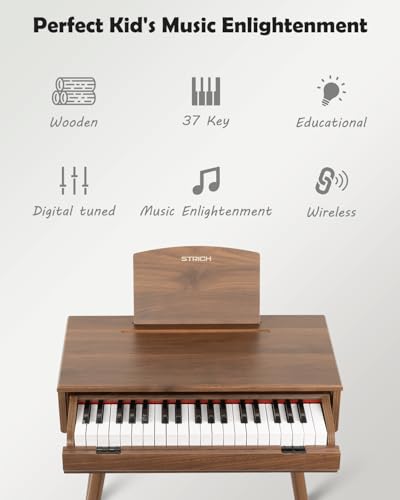 Image of STRICH 37 Keys Kids Piano Keyboard Set, Mini Digital Piano for Kids With Stand Chair, Drawer Design Wood Piano for 3+ Girls and Boys, Walnut Color, SEK-50