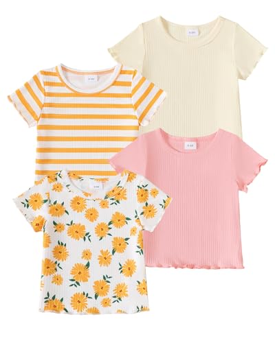 Aura Vane Toddler Tshirt 2T 4-Pack Beige Pink Baby Tees Toddler Girl Shirts 3T Yellow Flower Print Striped T-Shirt Casual Pullover Sweatshirt