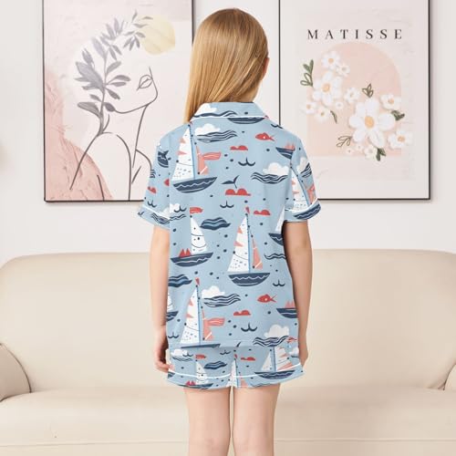 ALAZA Sailboat Bird Blue Pajamas Satin Pajama Set Short Sleeve Button Down Sleepwear4