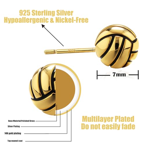 14K Gold Plated Sterling Silver Post Hypoallergenic 3D Baseball Soccer Volleyball Softball 7mm Ball Stud Earrings for Women Men Dainty Mini Sports Gift for Athletes Player Fan Gifts4