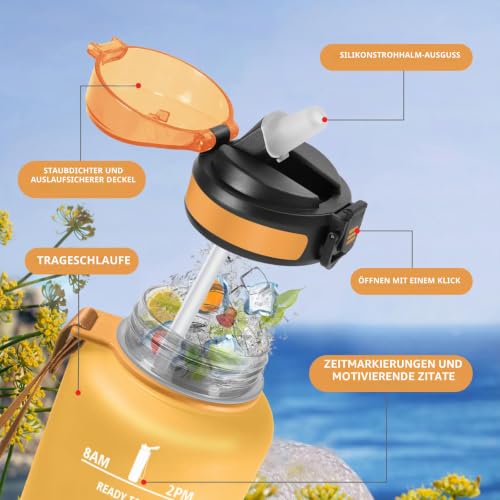 Sportflasche 1,5L, Auslaufsicher Trinkflasche mit Strohhalm, Wasserflasche Kohlensäure Geeignet… – Ansicht 2