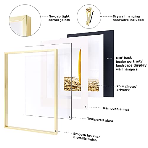 Homeforia - 12X16 Inch Metal Picture Frame - 12 X 16 Aluminum Photo Frames - 12X9 Mat - Tempered Glass - Wall Hook Included - Set Of 1 - Gold #TOP4