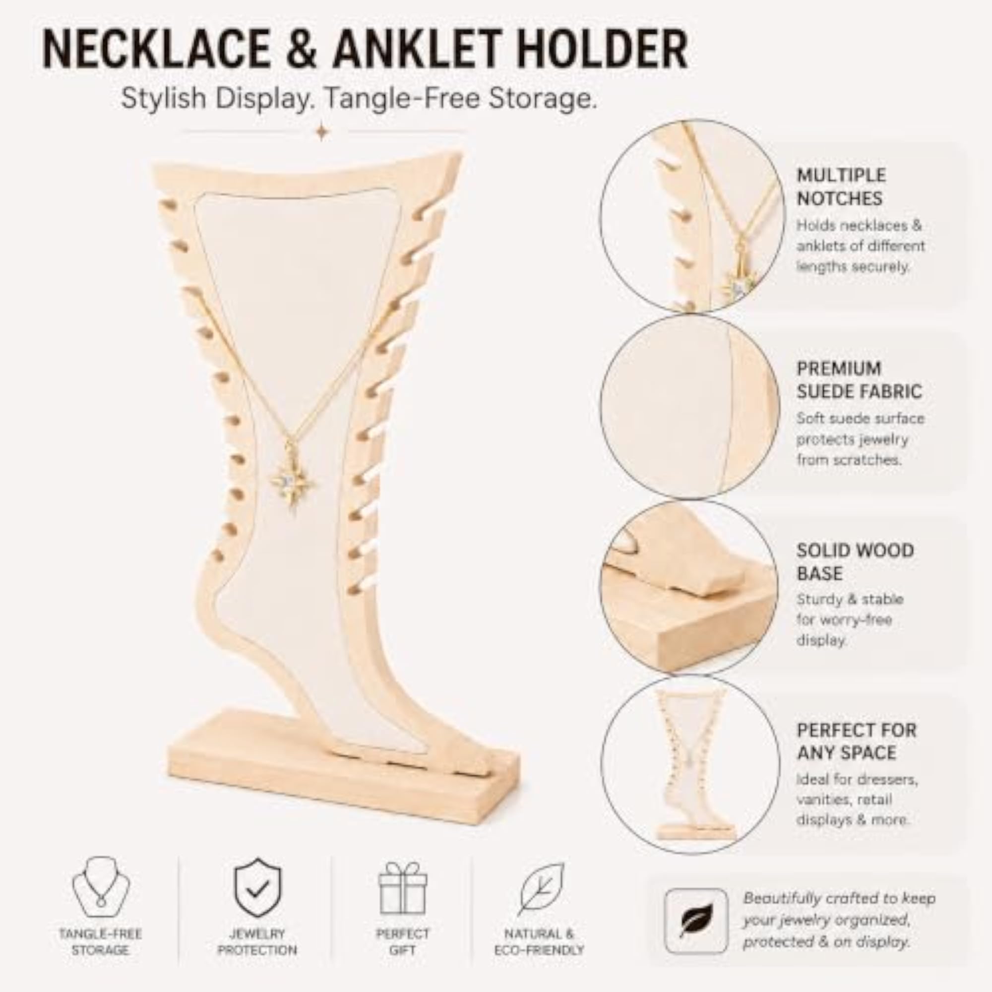 Wooden Necklace & Anklet Holder Stand with Suede Display Panel