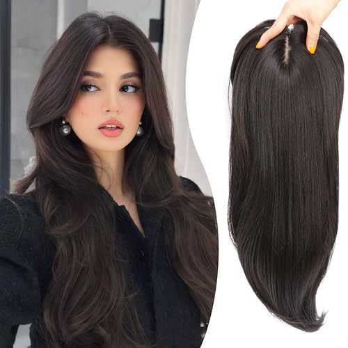Image of Synthetic Hair Topper with Bangs 18 Inch Layered Toppers for Women with Thinning Hair 5.5 inch x 5 inch hand Tied Forehead Hairline 360 3D Cover Wispy Synthetic Toppers Hair for Women Fiber Wiglets