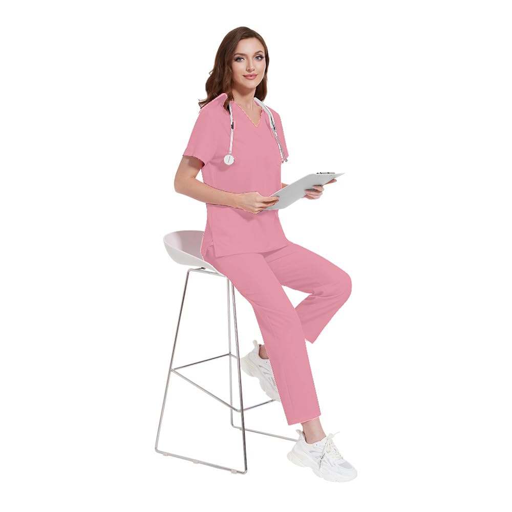 Scrubs DK77 - Conjunto de uniforme médico con cuello en V y 8 bolsillos funcionales y pantalones con pierna recta, cintura elástica, color rosa XL