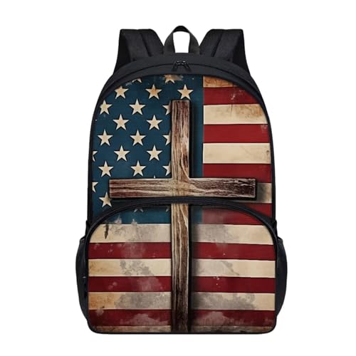Talayituse Cross American Flag Print School Backpack Shoulder Bag for Teen Girls Boys Lightweight Bookbag Backpack Casual Daypack Schoolbags with Front Zipper Pocket