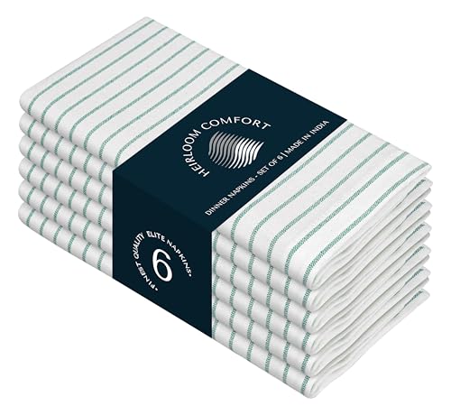 HEIRLOOM COMFORT Sea Green Stripe Dinner Napkins (Set of 12), 45x45 cm, 100% Cotton, Machine Washable, Classic Striped Table Linen for Beach Lunches, Formal Events, Outdoor Dining & Everyday Use