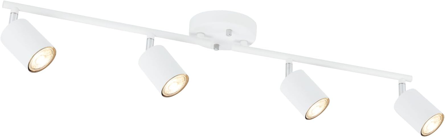 BoostArea LED 4 Light Track Lighting Kit, White 4 Way Ceiling Spot Lighting, Flexibly Rotatable Light Head for Kitchen, Living Room, Bedroom, Bulb Not Included