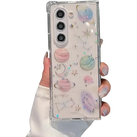 Shinymore for Galaxy Z Fold 6 Clear Case, Soft Clear Flexible Planet Space Stars Sparkle Case Girls Women Glitter Shockproof Protective Case for Samsung Galaxy Z Fold 6 -Universe Cover