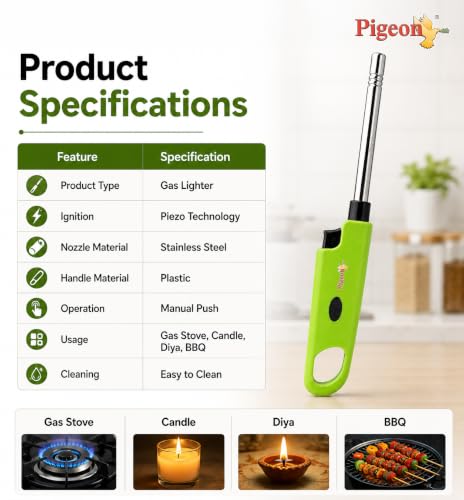 Image of Pigeon Flash Gas Lighter Set of 2 | Piezo Ignition Technology | Stainless Steel Long Nozzle | Ergonomic Grip | Manual Gas Stove Lighter | Suitable for LPG & PNG Gas Stoves | No Battery Required
