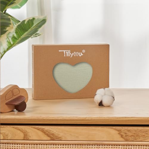 Image of TILLYOU Muslin Mini Crib Sheets 2 Pack, Pack and Play Mattress Sheets Fitted for Pack N Play, 38 x 26 Sheet for Toddler, Forest Green and Light Green