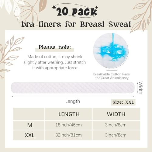 Toulite 20 Pcs Bra Liners for Sweat 18x3 Inch 3 Layer Washable Rectangle Cotton Under Breasts Pads for Women Absorb Sweating2