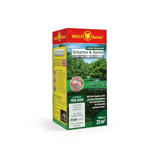 WOLF-Garten Schatten & Sonne Premium-Rasen LP 25 (für 25 m sehr hohe Dichte mit ca. 100.000 Trieben/m2 besonders strapazierfähig hohe Schattenverträglichkeit 500g Faltschachtel) 3820020