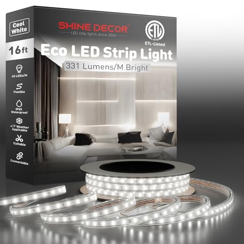 Image of Shine Decor LED Strip Light Easy Connectable, 6000K Cool White Cold Resist Weatherproof Plug-in for Indoor Outdoor, 101 LM /FT Dimmable Bright Eco Rope Lighting 16.4FT, 120V Whole Set ETL Listed