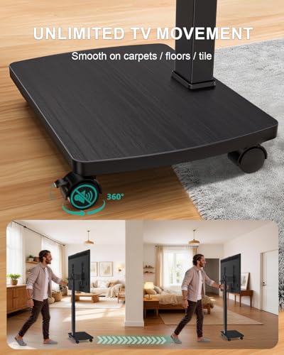Image of WALI Rolling TV Stand with Hand Crank Lift, Mobile Tall Television Stand Mount on Wheels for 30-70 inch TVs up to 110 lbs, Swivel Height Adjustable TV Cart with Wood Base for Bedroom(TVDVD-7MR), Black