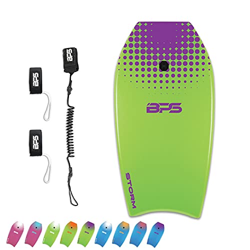 BPS 41" Boogie Board Pack w/HDPE - Strenght and Durability with Speed and Maneuverability Boogie Board - Bodyboard Coiled Leash and FIN LEASHES Includes (Green/Purple)